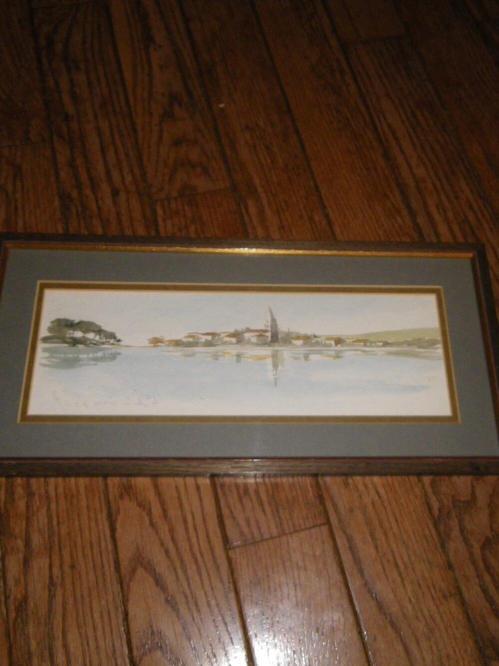 Vintage Landscape Hand Painted Watercolor Painting Town Reflecting Off Lake